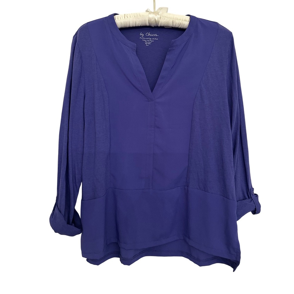Chicos Purple Mixed Media Split Neck Roll Tab Sleeve Top Womens L/12 Lightweight